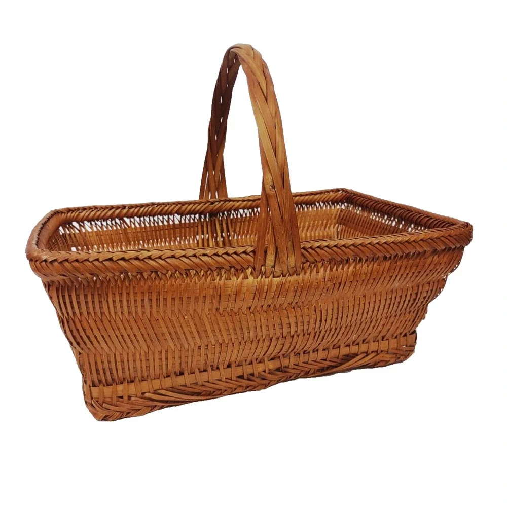 Antique Chinese Split Bamboo Handmade Woven Gathering Basket with Handle 14